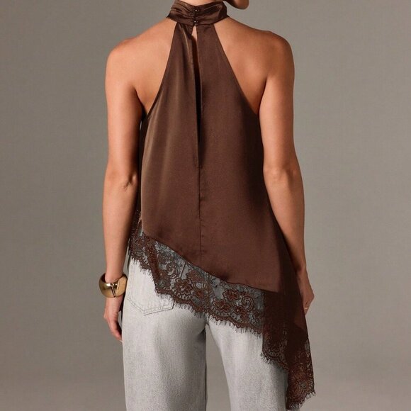 Brown elegant Women's Sleeveless High Neck Lace Trim Asymmetric Satin Top - Picture 3 of 5